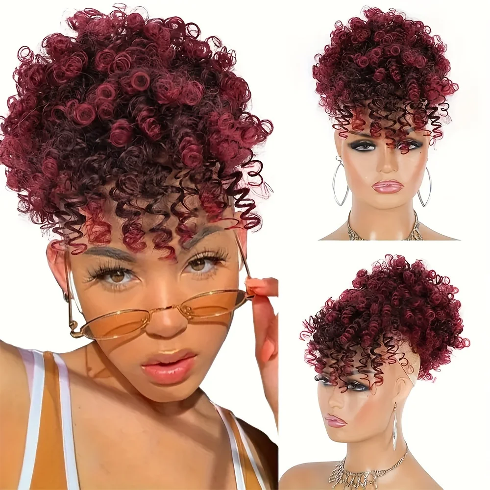 

Short Afro Puff Curly kinky wave Hair Bun With Bangs Synthetic wigs Updo chignon hair messy bun women girls Drawstring Ponytail