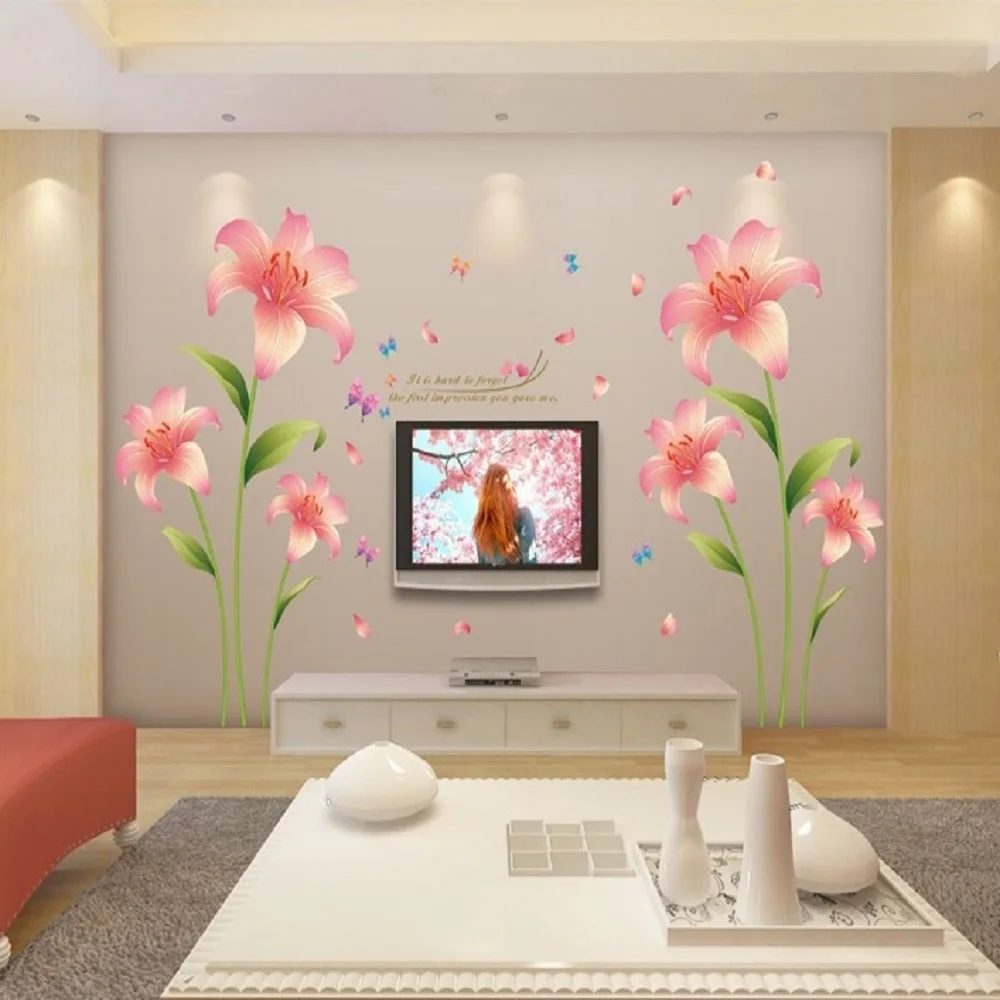 

New 3D Love Lily Pink Flowers Sitting Room The Household Adornment Of The Bedroom Wall Sticker On The Wall