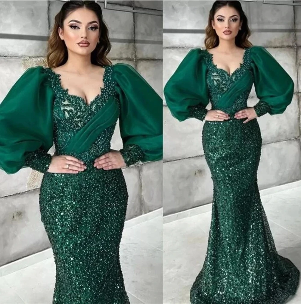 Green Designer Emerald Evening Dresses Beads Long Puffy Sleeves Mermaid Arabic Aso Ebi Formal Women Night Party Gowns Robes De
Green Designer Emerald Evening Dresses Beads Long Puffy Sleeves Mermaid Arabic Aso Ebi Formal Women Night Party Gowns Robes De