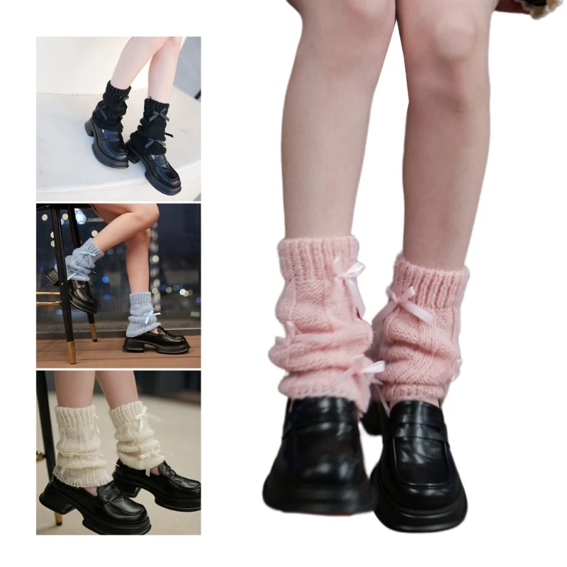 

Lolita Girls Sweet Bowknot Knit Leg Warmers JK Uniform Foot Cover Y2K Women Harajuku Ballet Style Leg Sleeves Ankle Heap Socks