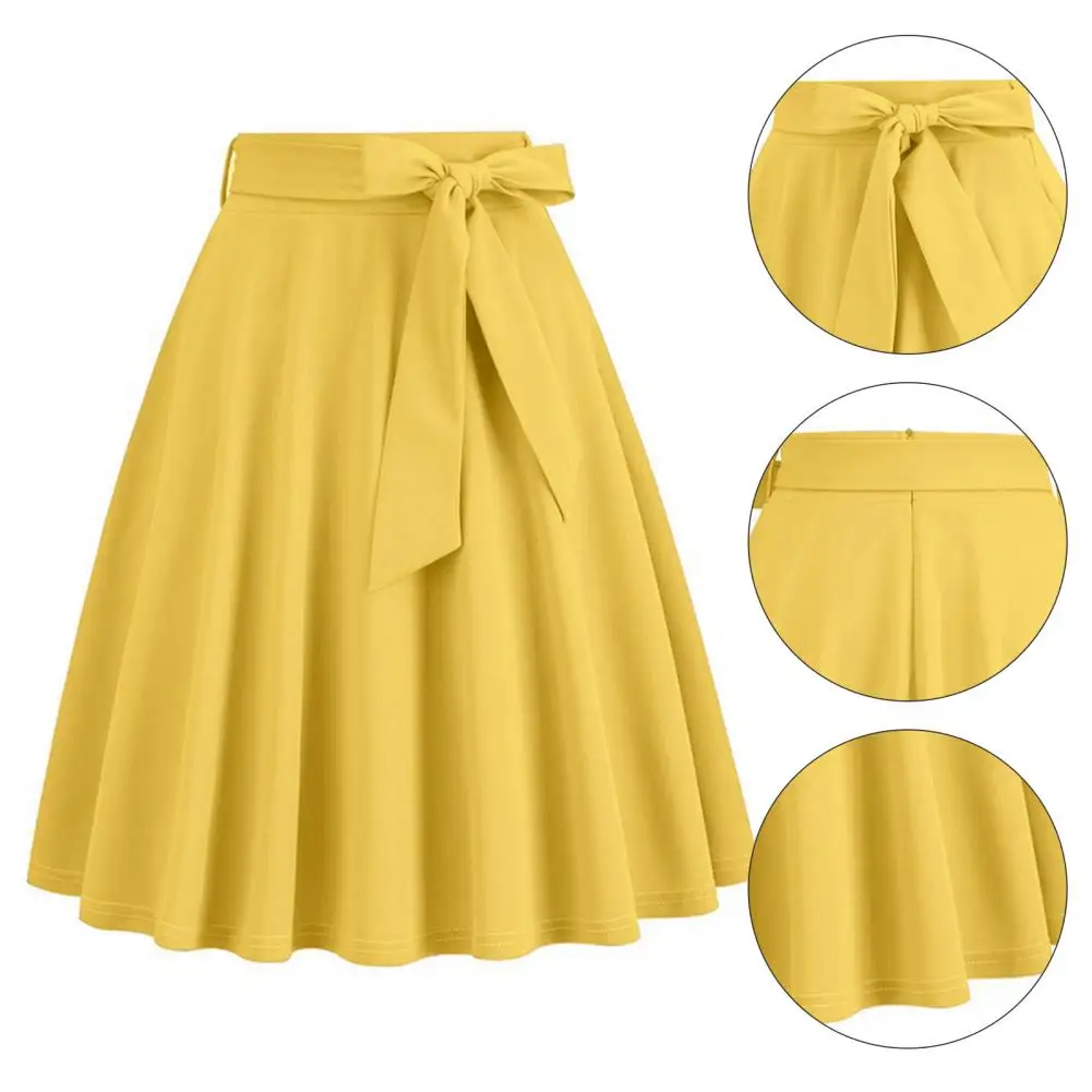 

Bow Deocr Skirtskirt Elegant A-line Midi Skirt with Belted Tight Waist Soft Ruffle Detail for Summer Dating Parties High-waisted