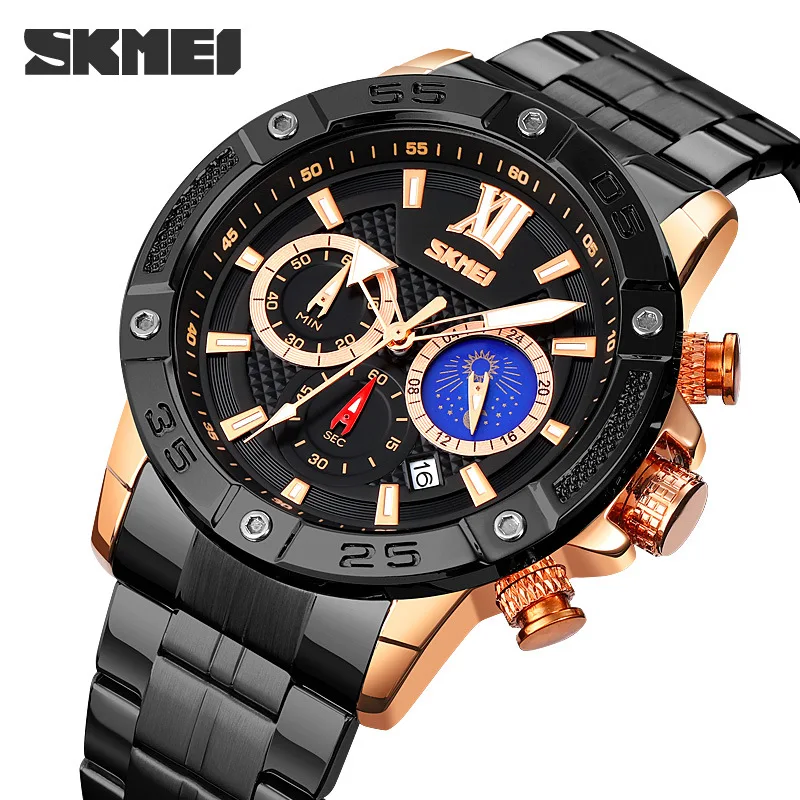 

Skmei Multi-Functional Six-Pin Stopwatch Men's Watch Fashion Business with Moon Phase Men's Quartz Watch