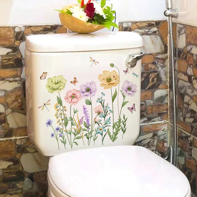 

C158#Colored Flowers Wall Sticker Bathroom Toilet Decor Living Room Cabinet Home Decoration Decals Beautify Self Adhesive Mural