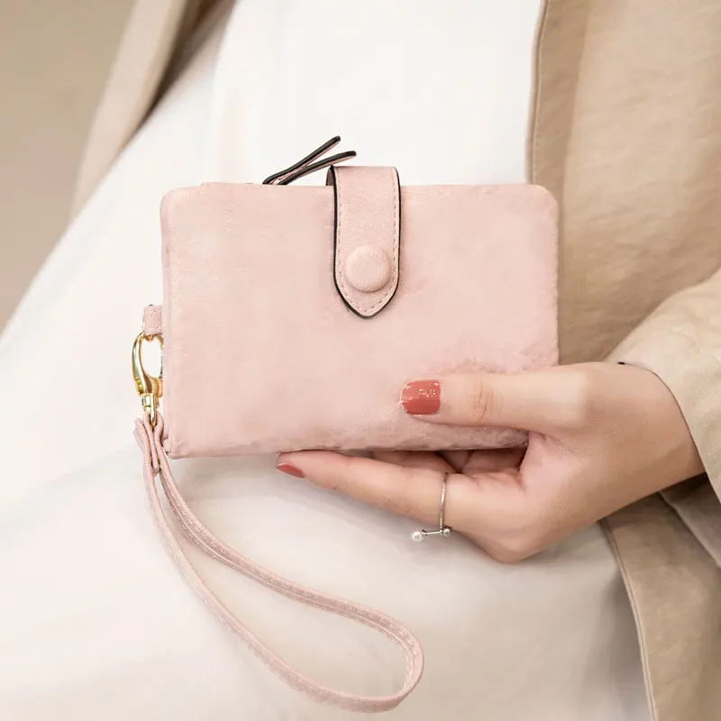 

Tri-fold Short Women Wallets With Coin Zipper Pocket Minimalist Frosted Soft Leather Ladies Purses Female Pink Small Wallet
