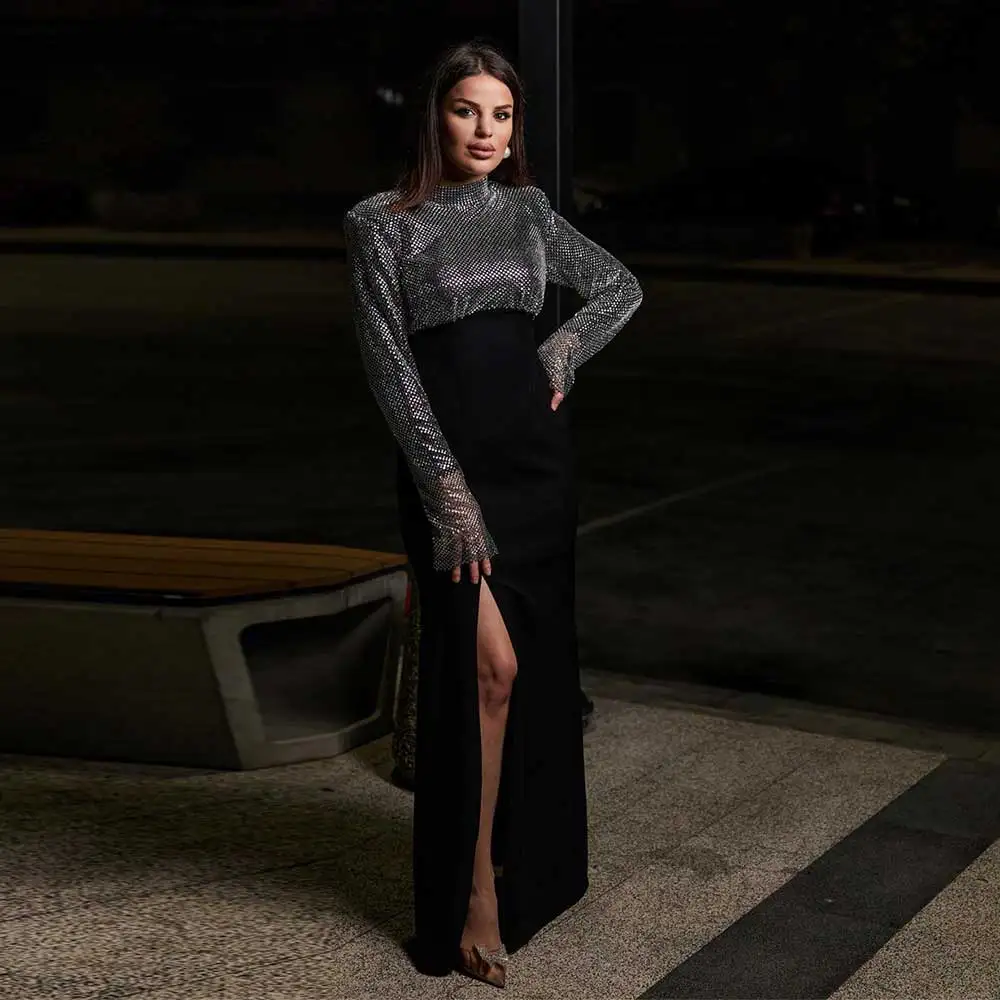 

Exquisite Sheath Evening Dress High Neck Slit Splicing Illusion Long Sleeve Draped Middle Eastern Women's Sexy Party Prpm Gown