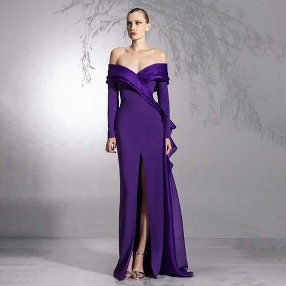 

Formal Party Dresses for Women Off the Shoulder Long Sleeves Mermaid Wedding Guest Gowns Long V Neck Middle Slit Evening Dress