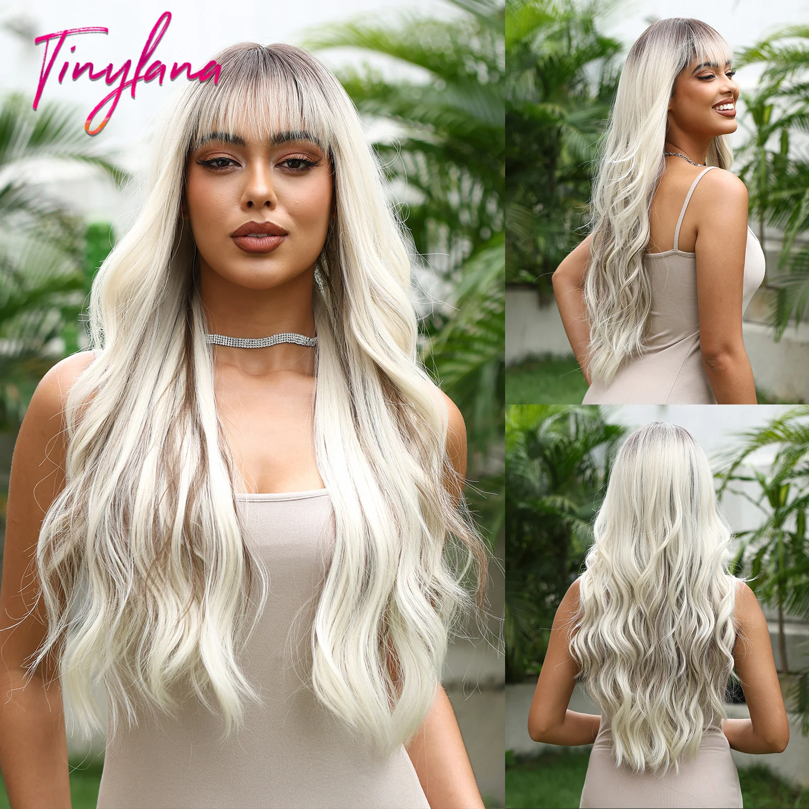 

Gray Brown Ombre Platinum Wigs with Bangs Long Curly Wavy Blonde Natural Hair Wigs for Women Afro Cosplay Heat Resistant Fiber