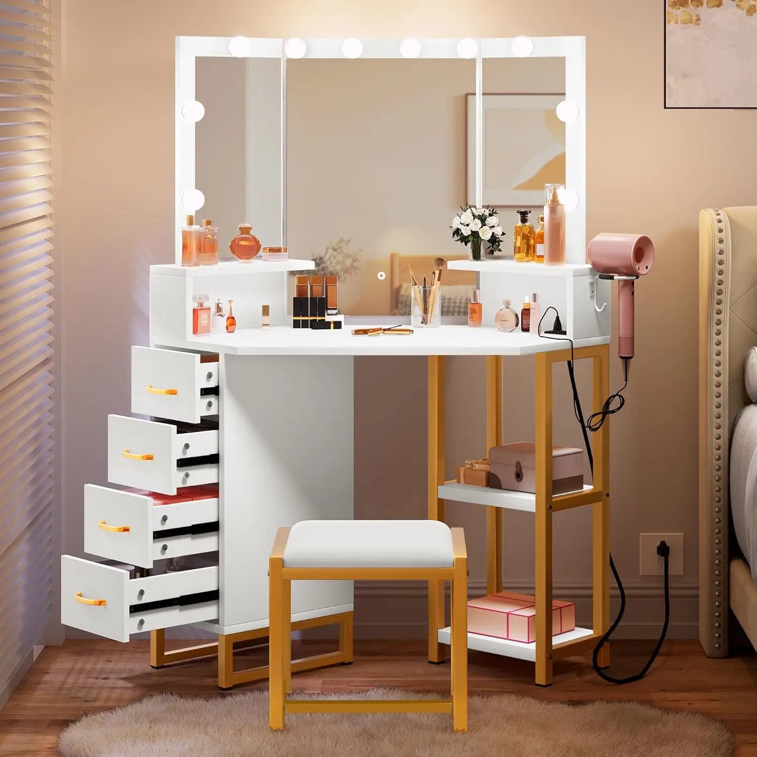Vanity Desk with Lights, Power Outlet, 3 Color Options, Storage Drawers, Shelves, Stool,For Bedroom - White,Black
Vanity Desk with Lights, Power Outlet, 3 Color Options, Storage Drawers, Shelves, Stool,For Bedroom - White,Black