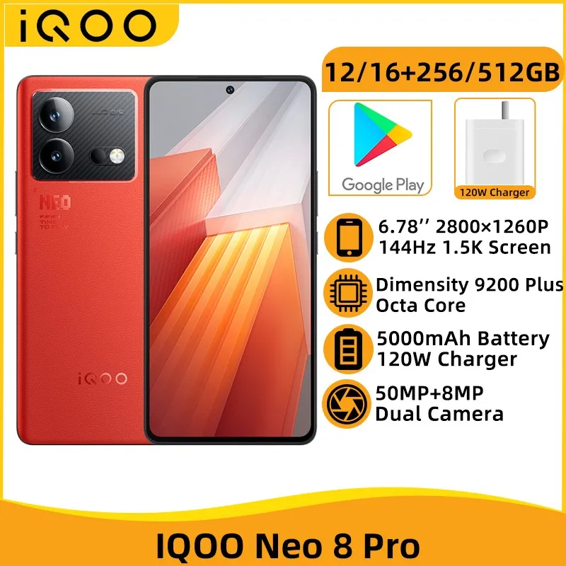 

IQOO Neo 8 Pro 5G NFC Dimensity 9200 Plus Octa Core 6.78'' 144HZ AMOLED Screen 50MP Camera 5000mAh Battery 120W Fast Charger