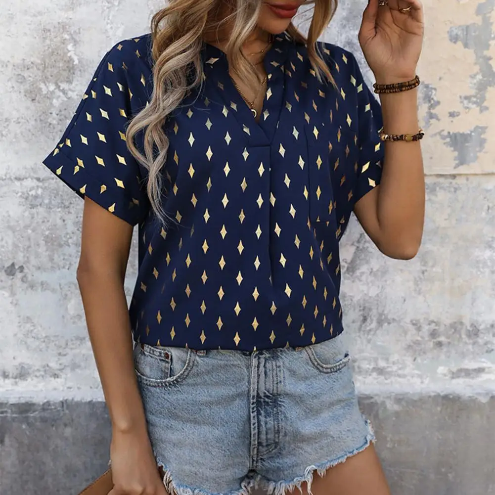 

Women Casual Shirt V-Neck Short Sleeve Tunic Blouse Loose Fit Breathable Summer Top Rhombus Pattern Women T-shirt