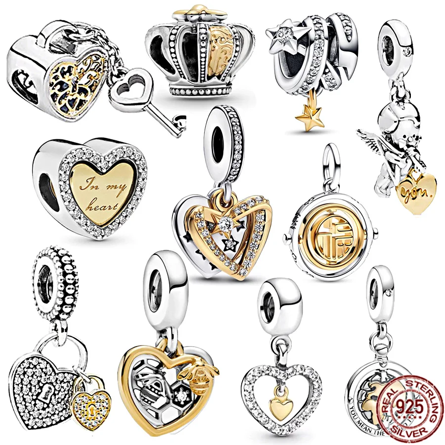 

For Women Gift Two-Tone Splittable Heart & Spinning Globe Dangle Charm Beads Fit Original Pandora 925 Sterling Silver Bracelet