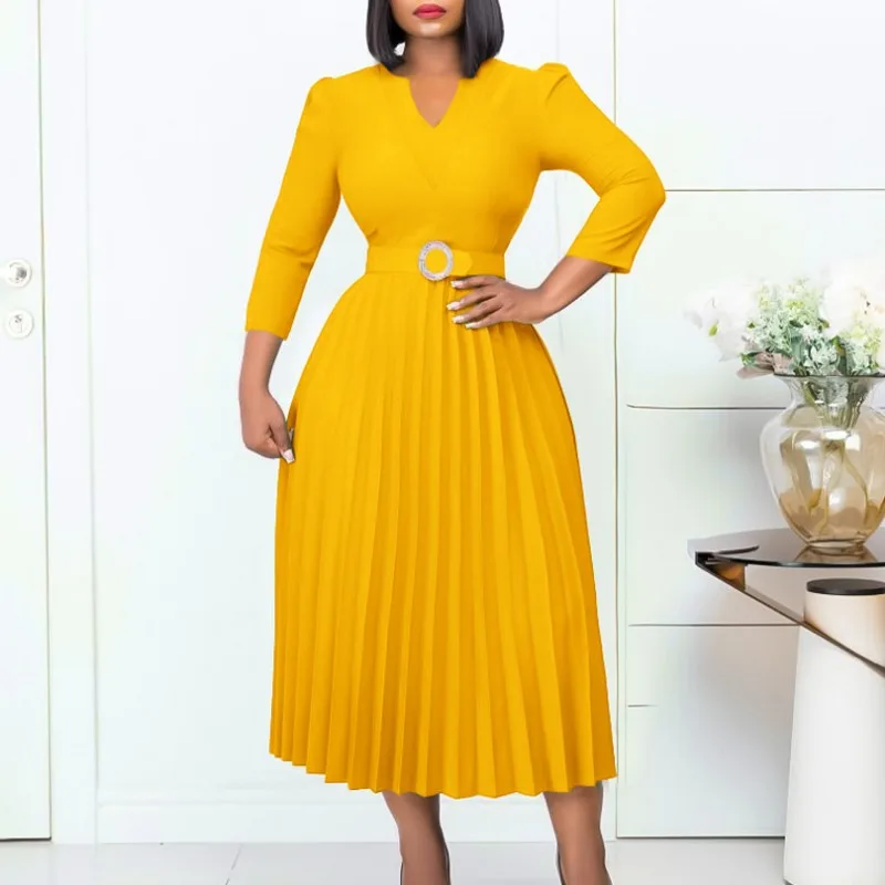 African Dresses for Women 2024 Summer Elegant African Office Ladies V-neck 3/4 Sleeve Pleated Dress Evening Party Robe with Belt
African Dresses for Women 2024 Summer Elegant African Office Ladies V-neck 3/4 Sleeve Pleated Dress Evening Party Robe with Belt