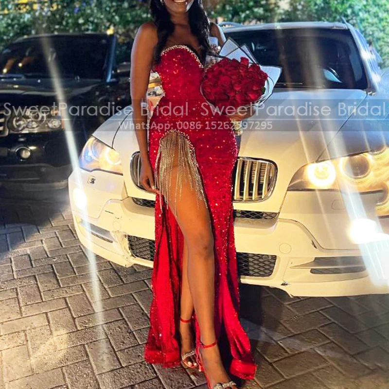 Plus Size Long Mermaid Evening Dress With Beaded Tassel High Slit Red Sequins Sweetheart Sleeveless Sheath Women Dresses Party
Plus Size Long Mermaid Evening Dress With Beaded Tassel High Slit Red Sequins Sweetheart Sleeveless Sheath Women Dresses Party