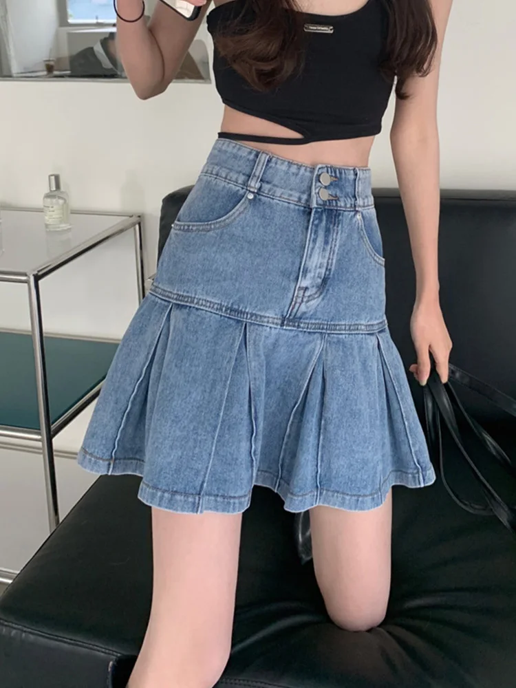 

FTLZZ Summer Casual Lady Empire Slim Ruffled Denim Skrit Vintage High Street Denim Mermaid Skirt Women A-line Pleated Skirt