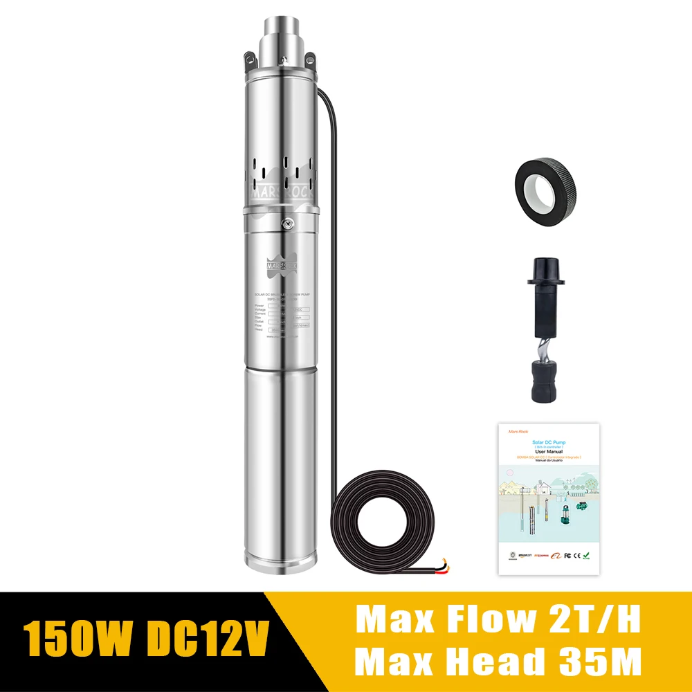

150W DC 12V Submersible Well Water Pump Solar Water Pump Stainless Steel Solar Deep Pump With Bulit In Controller Max Flow 2T/H