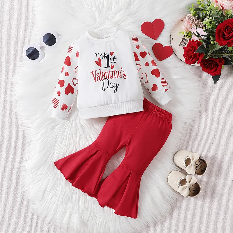 

Baby Girl Valentine's Day Clothes Letter&Heart Print Long Sleeve Sweatshirt with Solid Color Flare Pants 2 Pcs Outfit Set