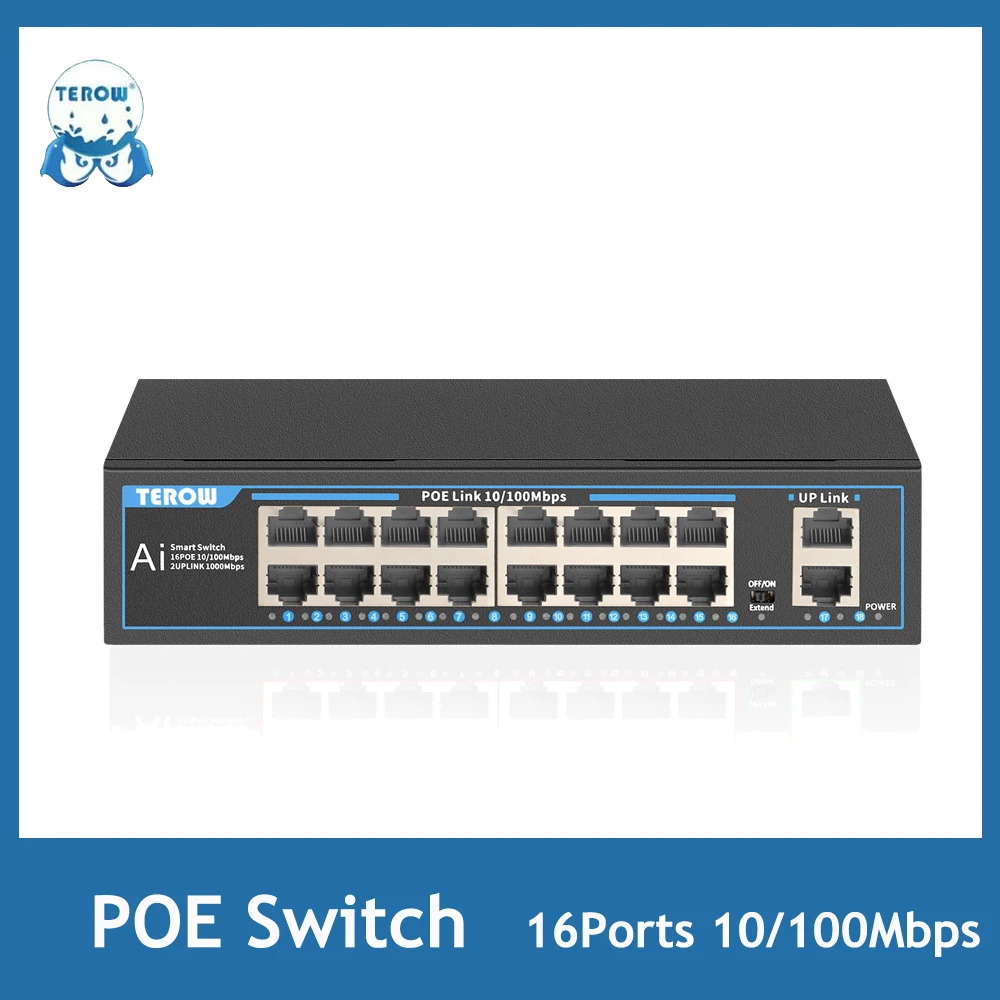 

Коммутатор TEROW с 16 портами POE, 52 в, 200 Вт, 100 Мбит/с, IEEE 802.3af/AT
