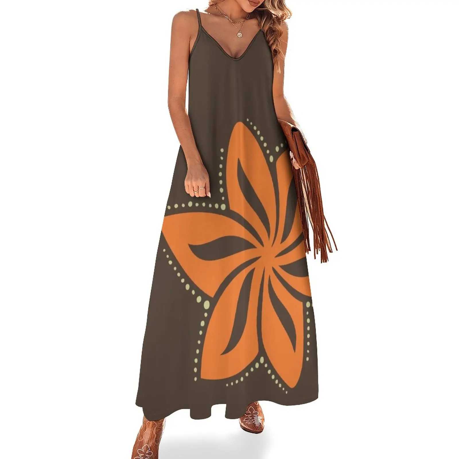 

New Retro Orange Tropical Hawaiian Polynesian Flower on Brown Background Sleeveless Dress sexy dress