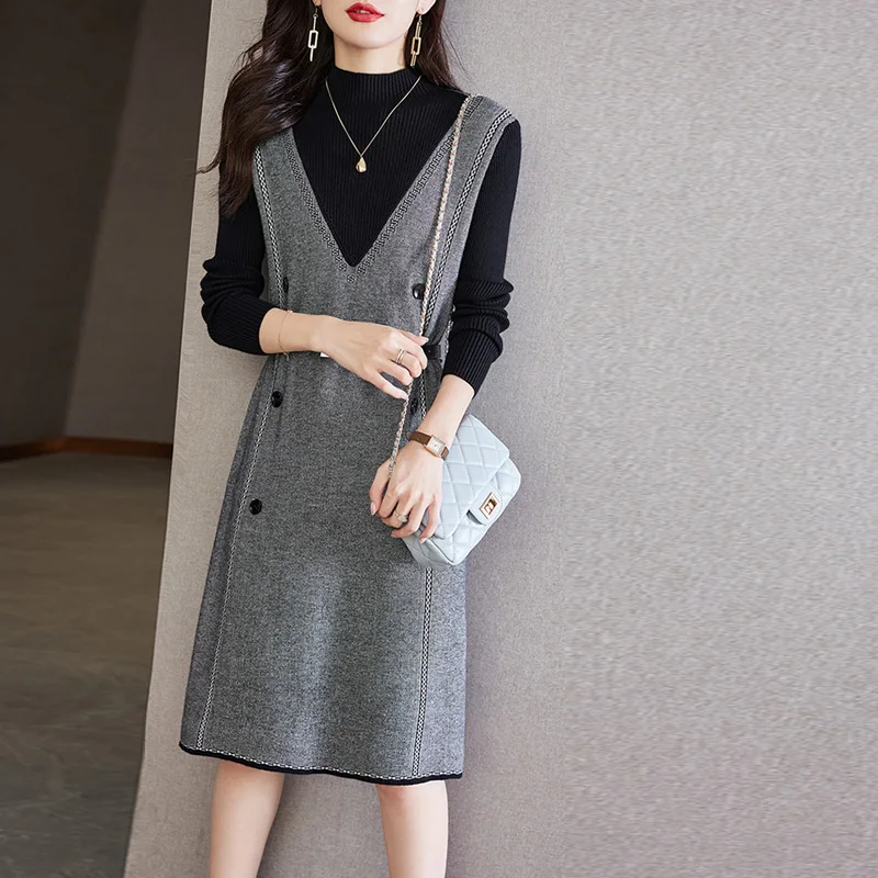 

Patchwork Elegant Retro Women Knit Dresses 2023 New Fashion Half High Collar Slim Knee-Length Office Lady Long Sweater Dress