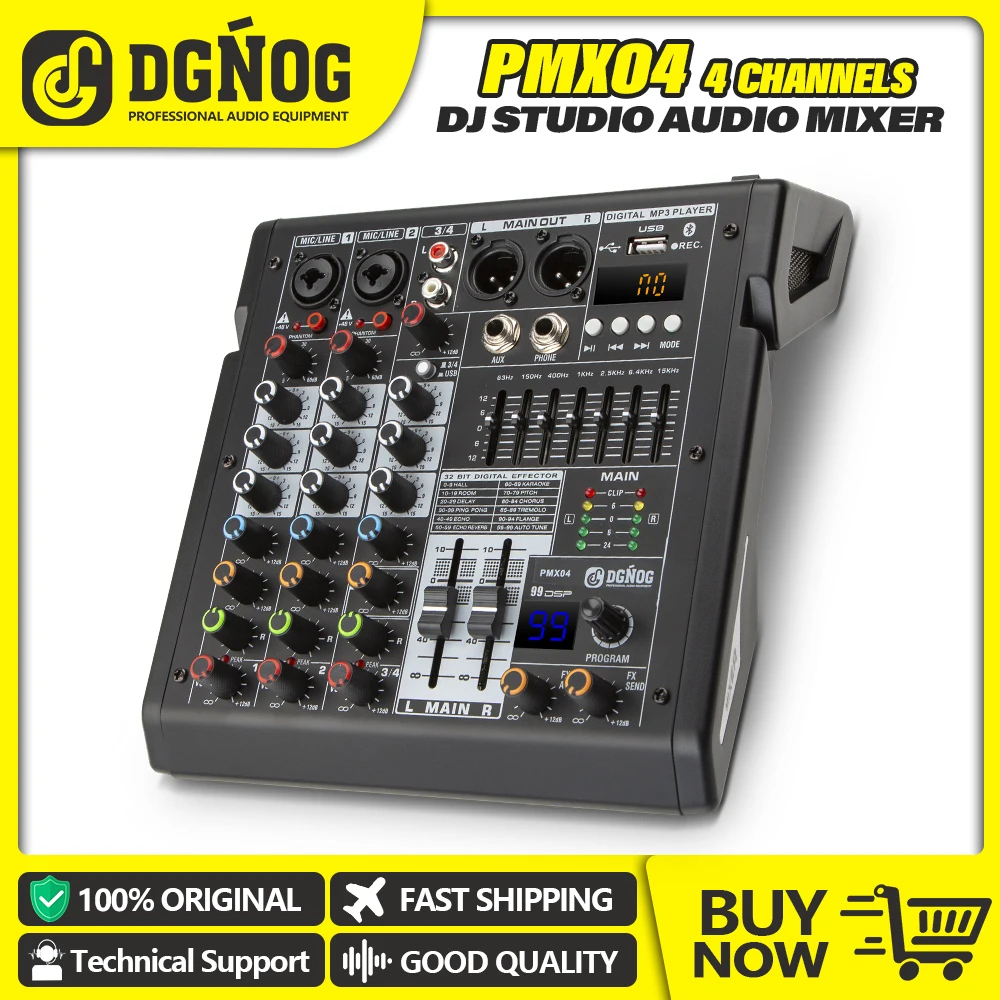 

99 DSP 4-Channel Mixing Console Digital MP3 Input 48V Phantom Power 7-Stage EQ with Bluetooth Podcast Recording DGNOG PMX04