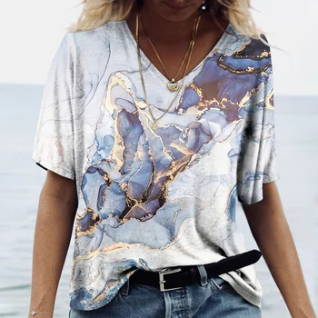 Camiseta Feminina de Alta Qualidade: Elegância Bordada para o Verão 10 Summer V-Neck Women‘s T-Shirt 3d Marbling Print Tops Tee Fashion Streetwear Daily Y2k Clothes 2023 New Ladies Plus Size T-Shirts