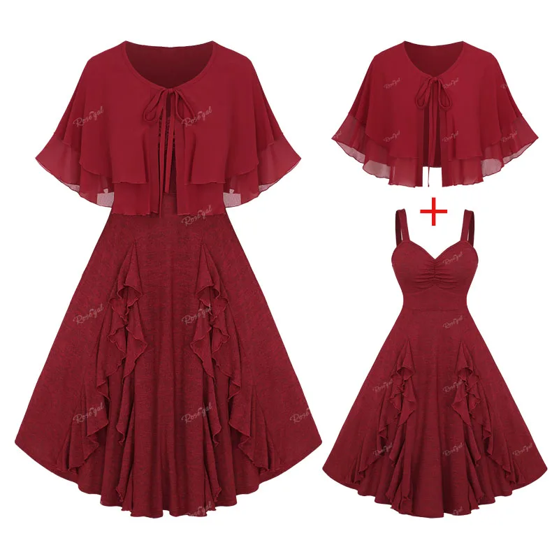 

ROSEGAL Plus Size Deep Red Women's Dresses Ruched Ruffles Lettuce Trim Marled Dress With Tie Layered Chiffon Cape New Vestidos