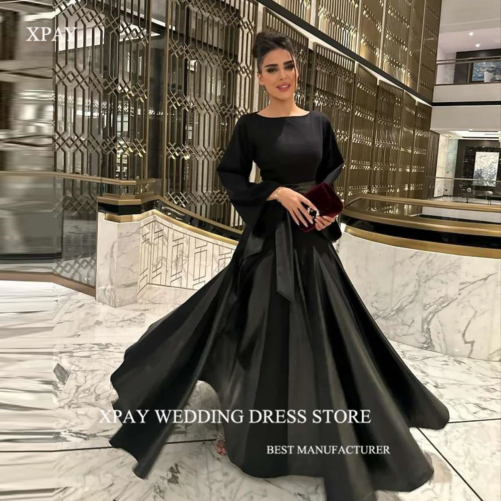 

XPAY Simple Black Evening Dresses Saudi Arabic Women Long Sleeves O-Neck Dubai Prom Gowns Formal Party Night Event Dress