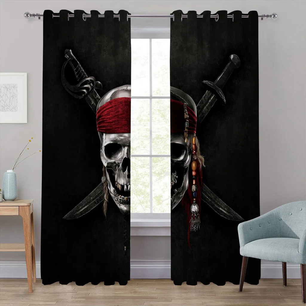 

Black Skull Horror Skeleton Cool Boys Shading Curtain for Living Room 2Pieces Kids Bedroom Children WindowsBathroom Decor Hooks