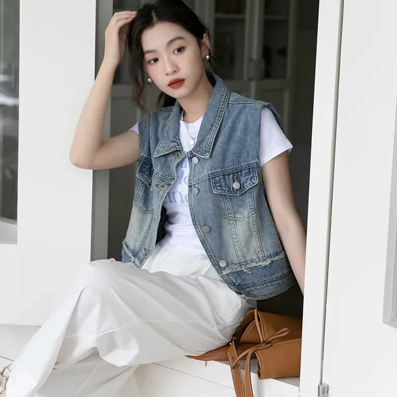 

Streetwear Vintage Sleeveless Women Denim Vest With Burrs 2024 Summer Washed Cotton Jeans Waistcoat Tops Ladies Spring Autumn