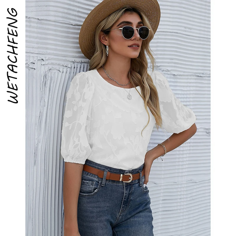 

Elegant White Floral Half Sleeve O Neck Chiffon Women Blouse Summer 2022 Tunic Tops Femme Office Lady Chic Shirts Female Clothes