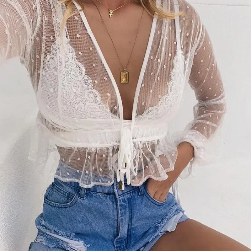 

V-neck Lace Women's Top Fill in Trumpet Sleeve Polka Dot Cropped Top with Transparent Lace Sexy Summer Top Elegant Beachwear