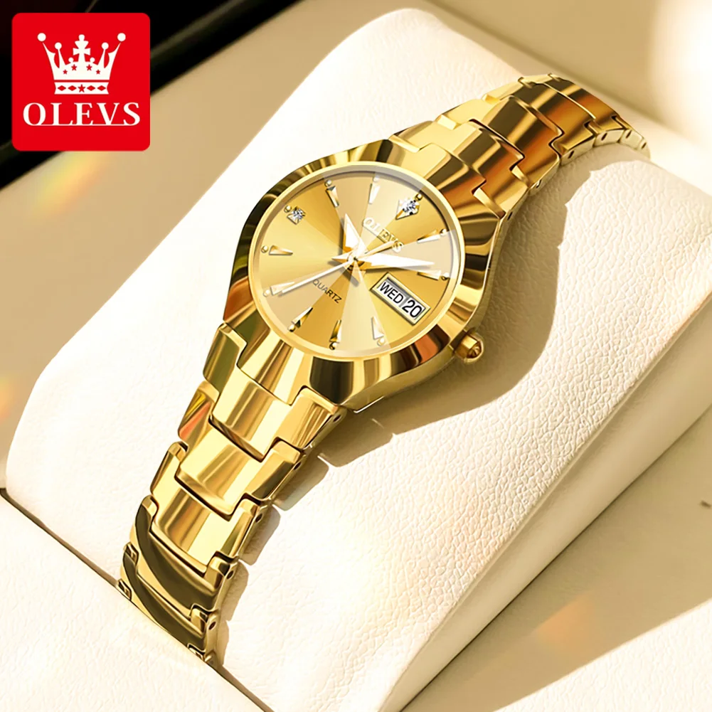 

OLEVS Top Brand Luxury Tungsten Steel Bracelet Gold Quartz Watch for Womens Waterproof Week Date Luminous Hands Women Wristwatch