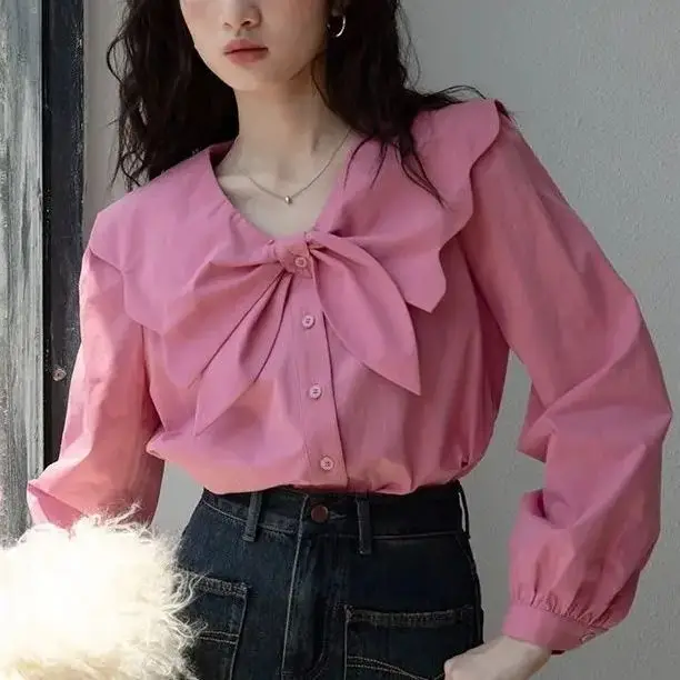 

Korea Women Sweet Unique Top Spring New Gentle Style High End Layered Up Temperament Pink Shirt Female Top