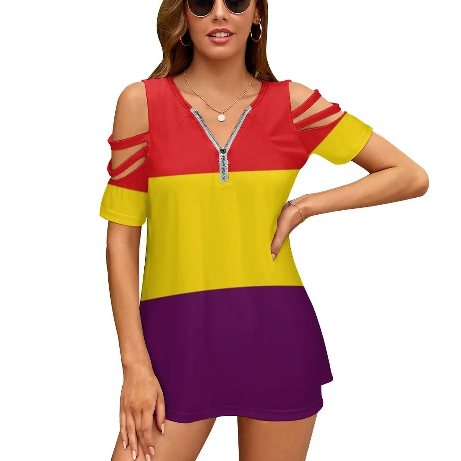 

Новая модная женская рубашка с открытыми плечами и молнией, с коротким рукавом, республиканский флаг Испании