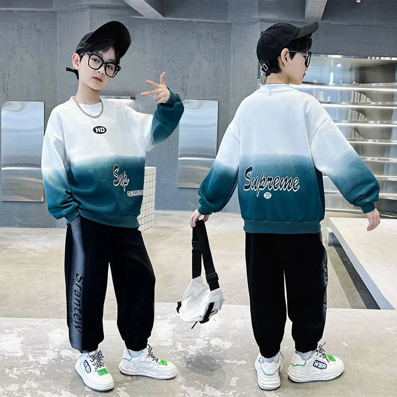 

Boys Gradient Sports Set Teen Kids Autumn Winter Letter Long Sleeved Sweater Sweatpants 2Pcs Outfit Sets Children Loungewear