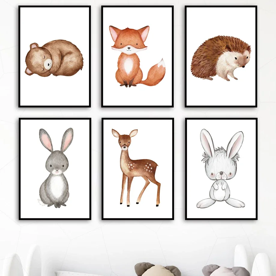 

Милый медведь кролик лиса олень енот животные настенная Картина на холсте скандинавские постеры и принты настенные картины декор для детской комнаты