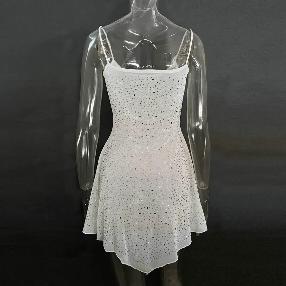 

Elastic Fabric Dress Elegant Rhinestone Embellished Mini Dress with Spaghetti Straps Backless Design for Women for Club Parties