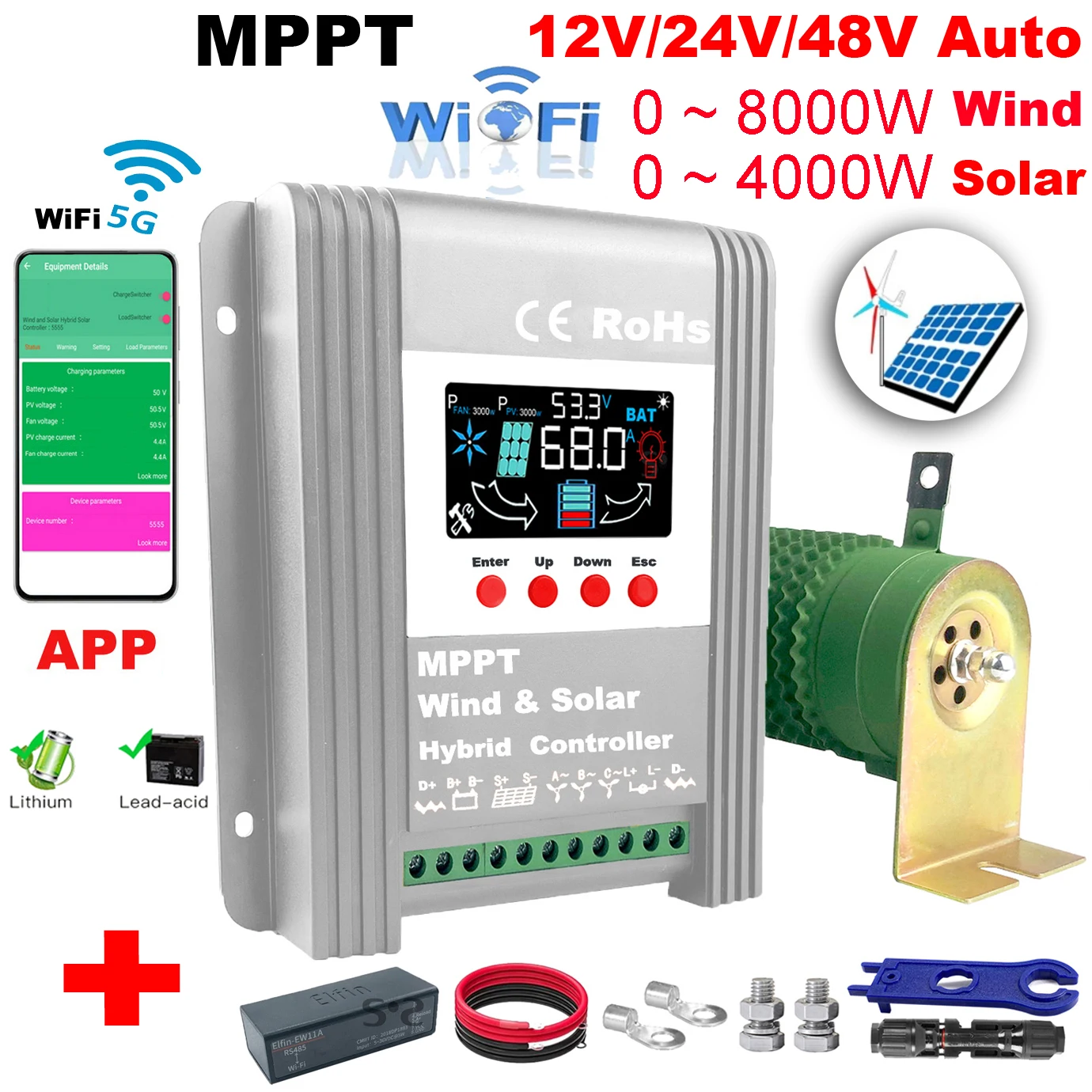 

5000w 6000W 8000w 12V 24V 48V MPPT Wind Solar Hybrid Controller 80A 160A Solar Panel Wind Generator Charger Regulator Dump Load