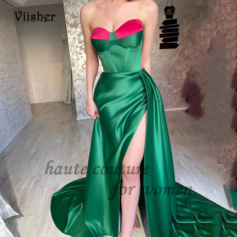 Зеленые атласные вечерние платья с разрезом, со шлейфом, женское праздничное платье со шлейфом, лето 2024