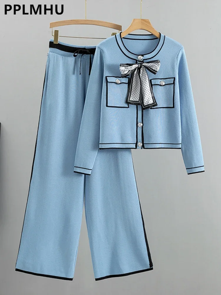 

Korean OL Knit 2 Piece Sets Women New Bow O-neck Short Sweater Cardigan Conjunto High Waist Baggy Wide Leg Kintwear Pants Suits
