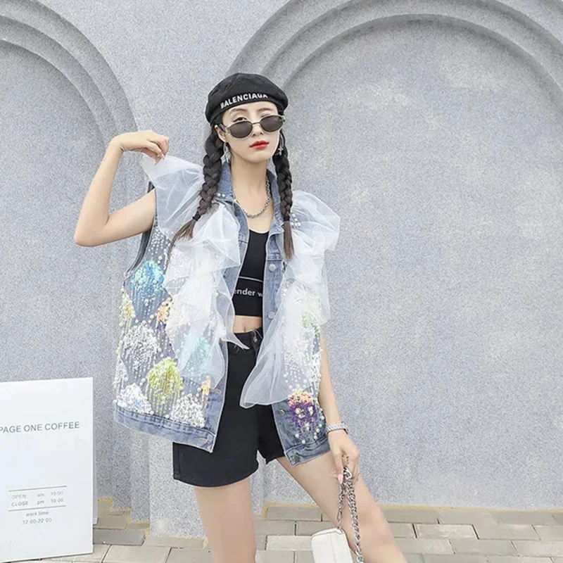 Women's Beaded Sleeveless Denim Vest Spring and Autumn 2023 New Korean Style Fashion Polo Collar Single-breasted Vest Streetwear
Women's Beaded Sleeveless Denim Vest Spring and Autumn 2023 New Korean Style Fashion Polo Collar Single-breasted Vest Streetwear
