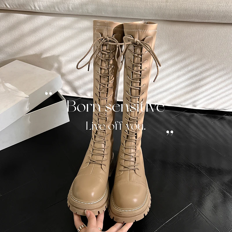 

2023 new Autumn winter women knee high boots 22-25cm microfiber lace up modern boots back zip platform boots long boots