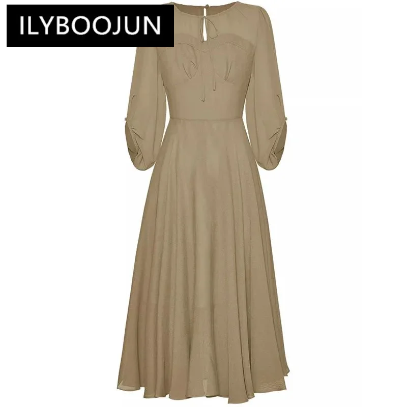 

ILYBOOJUN Fashion Designer Women's New Lace-Up Round Neck Half Sleeved High-Waisted Puffy Gown Breathable Grid Sexy MIDI Dress