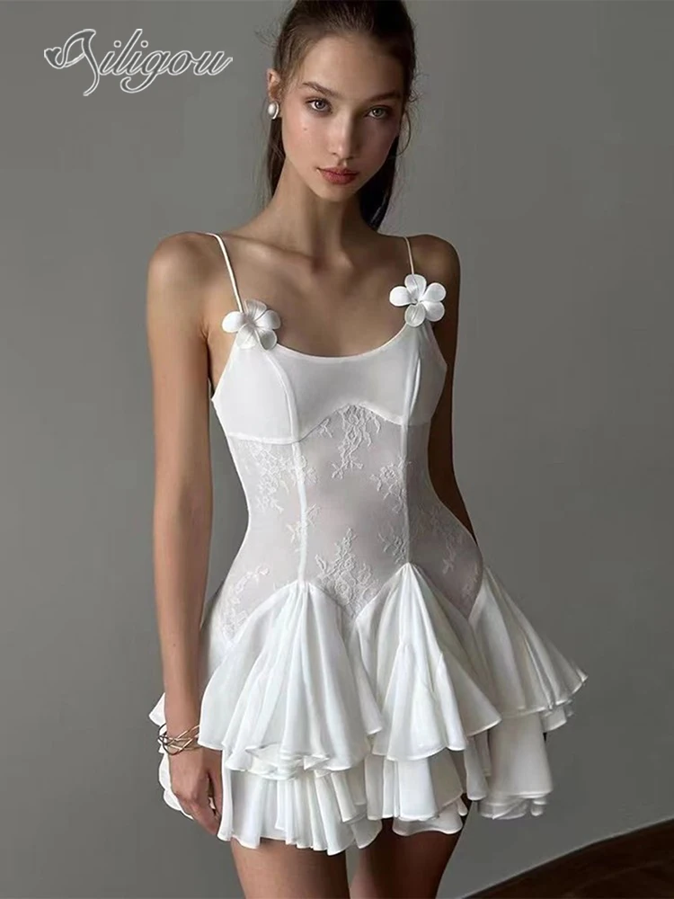 

Ailigou 2024 New Summer Women's Sexy Sleeveless Ruffle Edge Flower Details Tight Fit Mini Dress Elegant Celebrity Party Dress