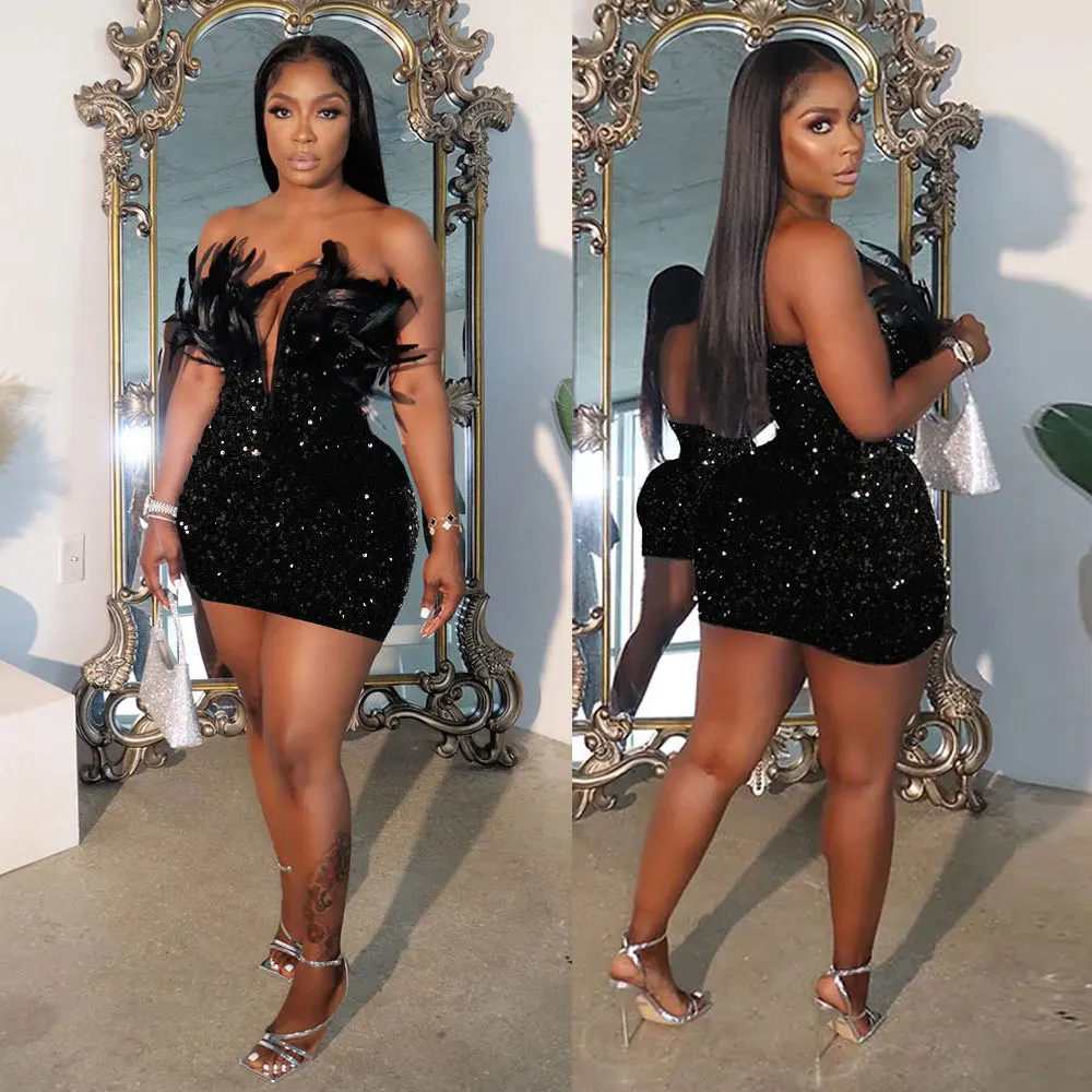 Woemn Dress Short Dresses Sexy Slim Fit Strapless Sleeveless Deep V Neck Sequin Feather Hip Wrap Elegant Splice Party Vestidos Woemn Dress Short Dresses Sexy Slim Fit Strapless Sleeveless Deep V Neck Sequin Feather Hip Wrap Elegant Splice Party Vestidos