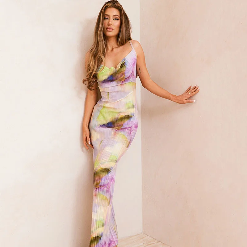 

Apprabant Camisole Swinging Collar Maxi Vestido Open Back Sleeveless One Line Shoulder Slim Fit Fashion Print Wrapped Hip Dress