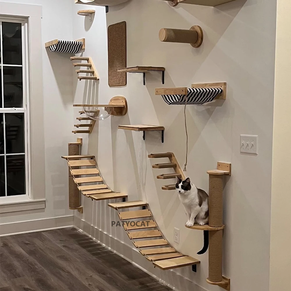 

Cat Tree Wall Mounted Cat Climbing Shelves Cat Hammock and Cat Bridge with Ladder or Scratching Post for Cats Playing and Perch