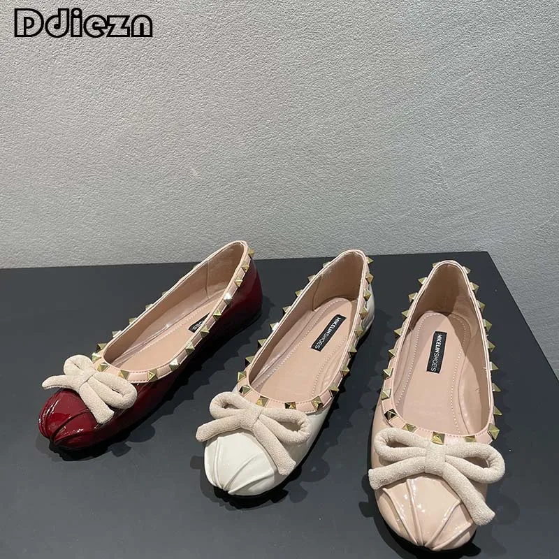 

Female Shoes Women Mary Janes Rivet Ladies Sandals Elegant Round Toe Casual 2023 Fashion Loafers Butterfly-Knot Summer Flats