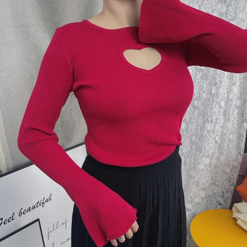 

Модный женский трикотажный свитер в рубчик с круглым вырезом, привлекательный облегающий пуловер в форме сердца с вырезами и широким рукавом, джемпер, повседневная трикотажная одежда, Топ
