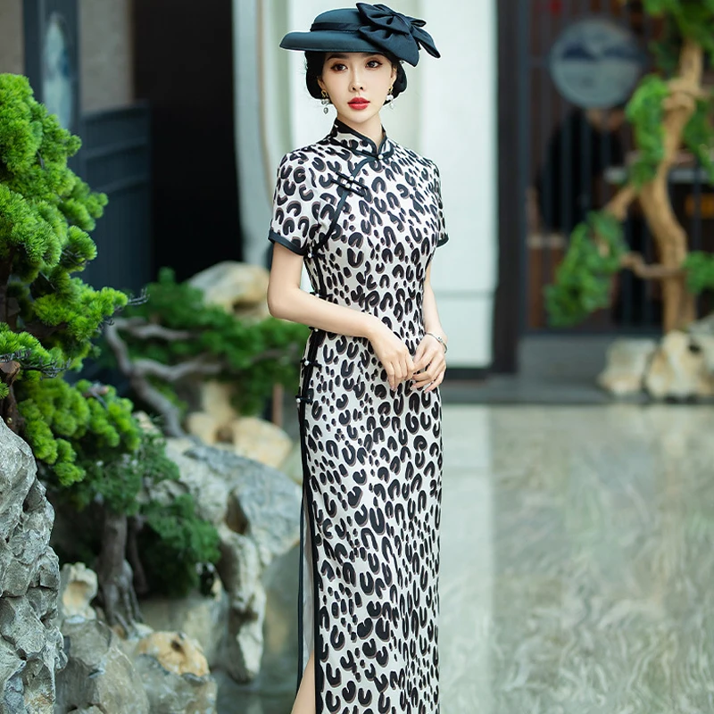 

Black Printed Traditional Slim Qipao Short Sleeved Long Cheongsam Daily Sexy Vintage Dresses Chinese Prom Gown 4XL 5XL Dress